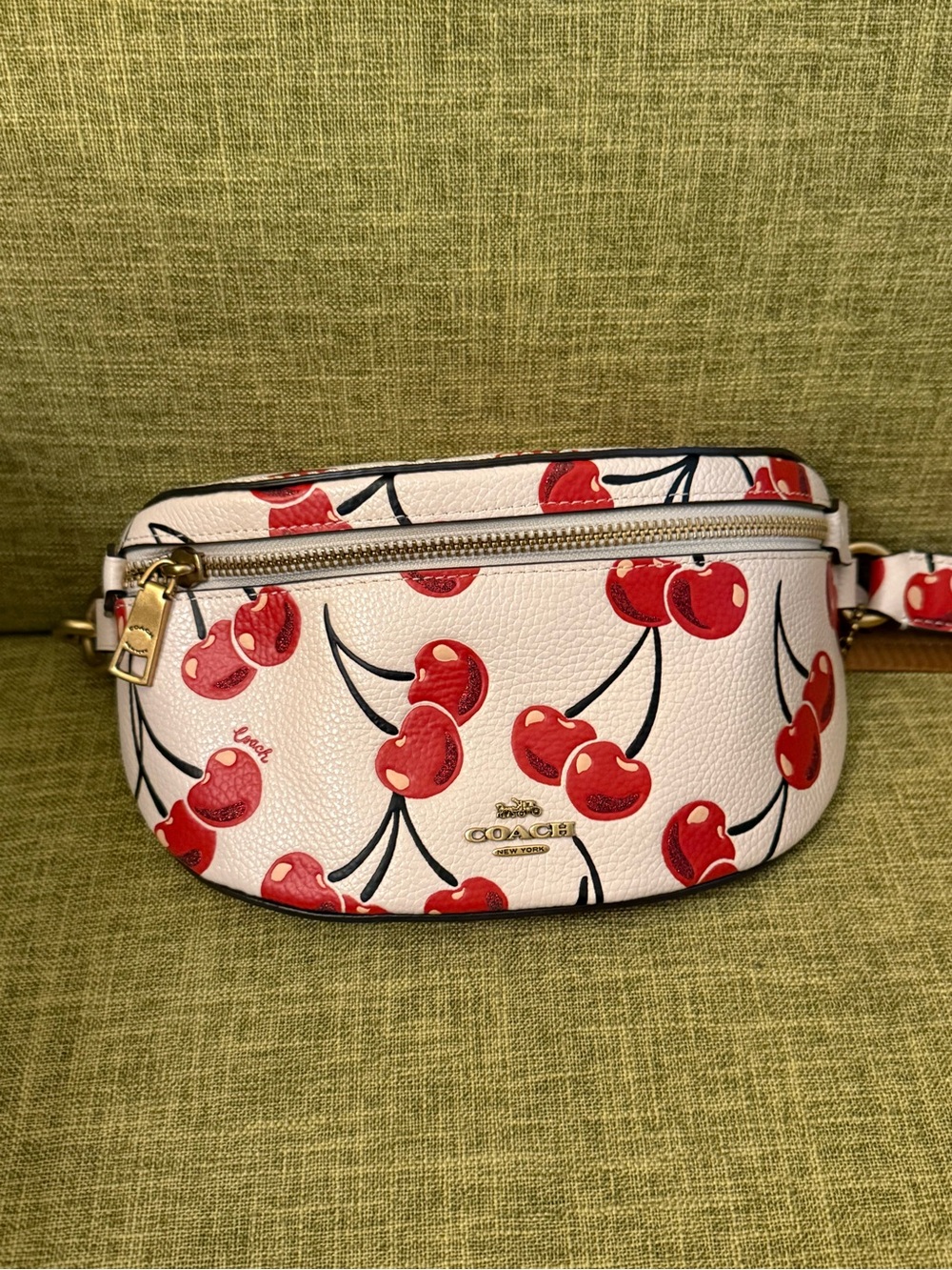 Coach White Leather Cherry Print Crossbody Belt Bag